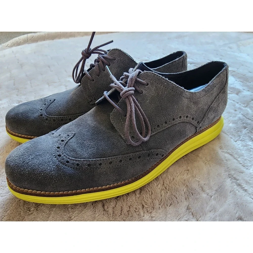 Cole Haan Mens Grey Suede Yellow Sole Grand.OS Wingtip Oxford Shoes C28220 10.5M
